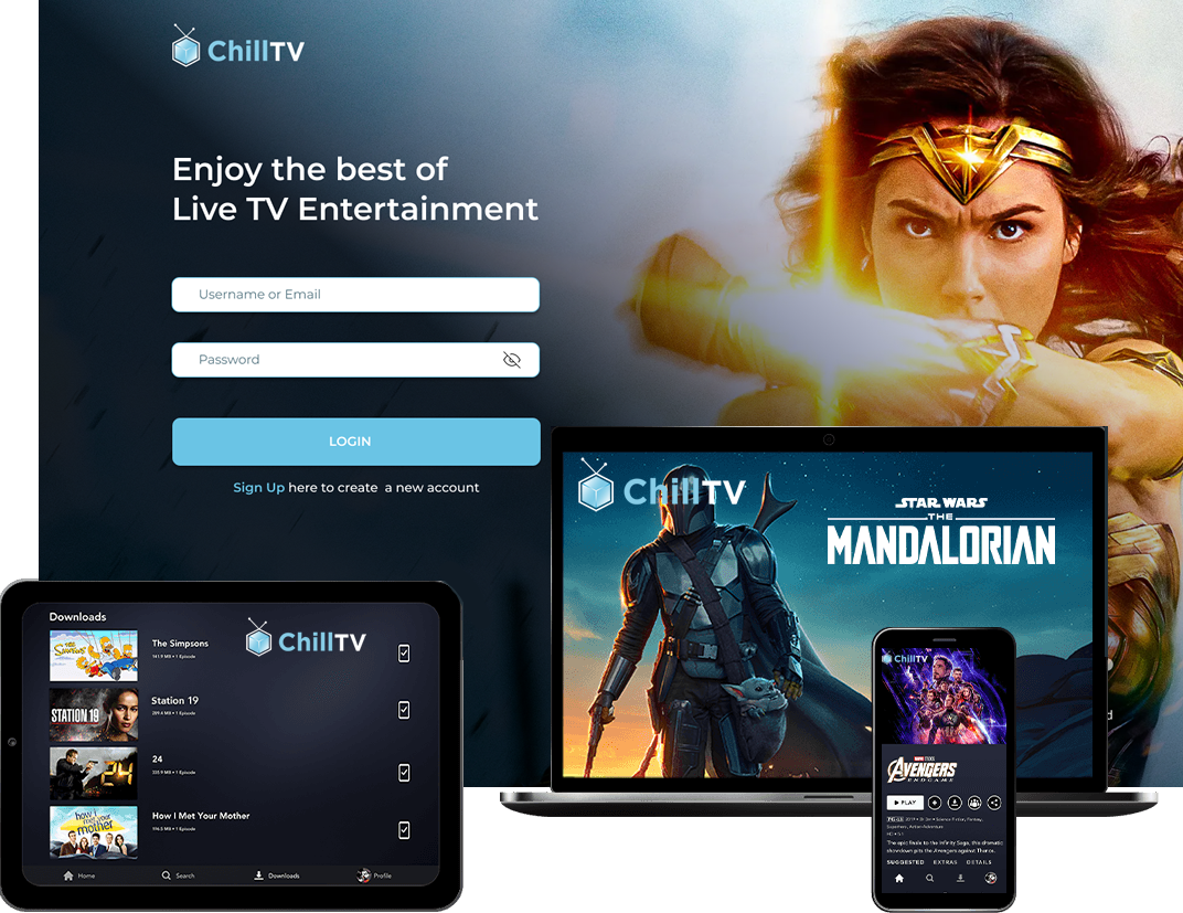 4 Devices showcasing the ChillTV product on TV, Mobile, Laptop, and Tablet